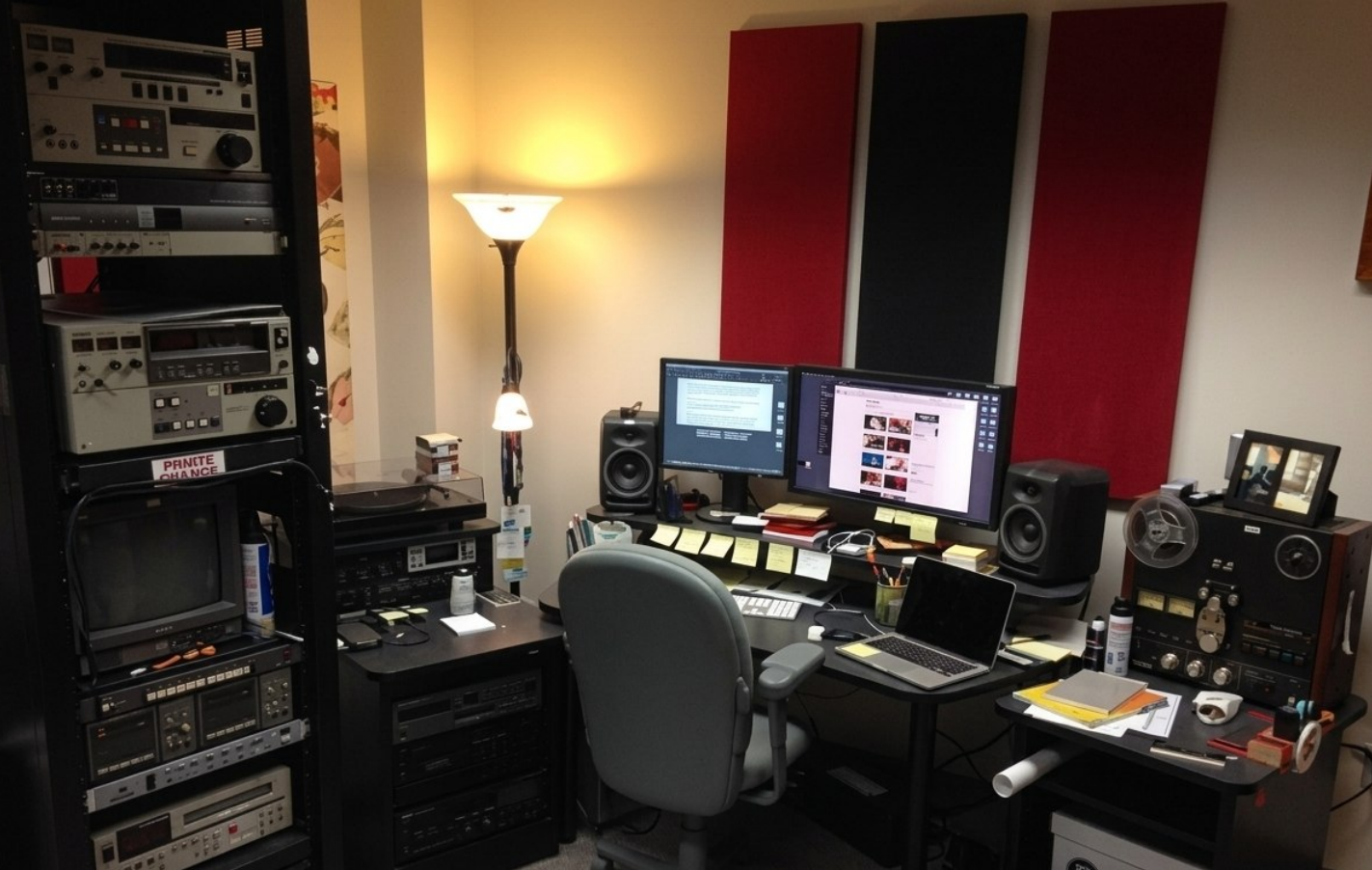 Técnico trabalhando com objetos digitais sonoros em arquivo